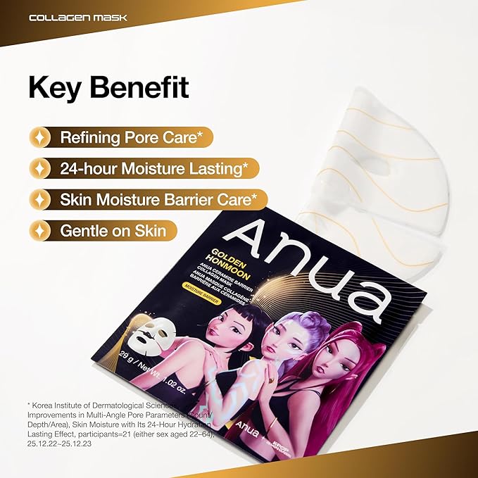 ANUA Ceramide Barrier Collagen Mask, Glow Up, Elasticity Hydrogel Face mask, Moisture Barrier Repair for Glass Skin, 24H Deep Hydration Lasting, KPop Demon Hunters, Korean Skincare (4ea)