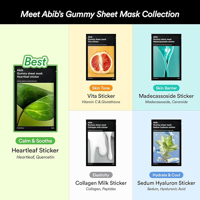 Abib Gummy Sheet Mask Heartleaf Sticker 10 Sheets (Soothing) I Korean Face Mask for Sensitive Skin, Soothing & Redness Relief, Daily Skincare Treatment, K-Beauty Sheet Mask