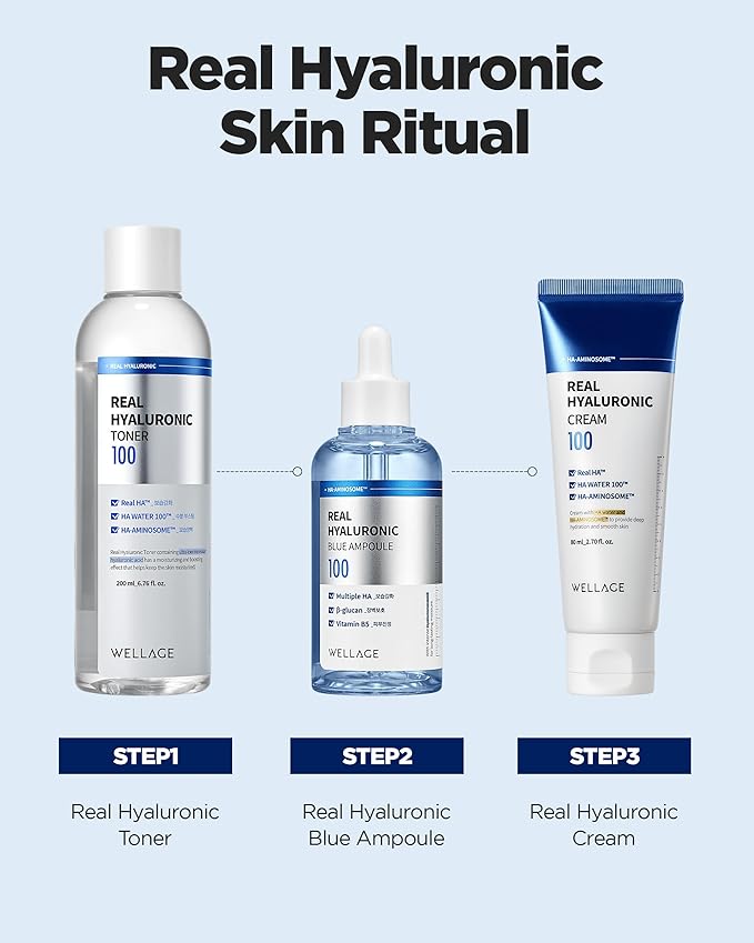 WELLAGE Real Hyaluronic Blue Ampoule 100, Korean Hydrating Serum for Face, Hyaluronic Acid Serum with Panthenol for Sensitive Skin, (3.38Fl.oz + 2.53Fl.oz)