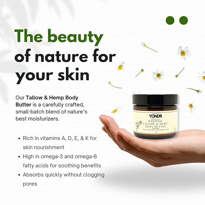 Tallow & Hemp Body Butter – Whipped Grass‑Fed Tallow + Hemp Seed Butter – Calming Chamomile/Sandalwood/Lavender – Deep Hydration for Dry & Sensitive Skin (2 oz)