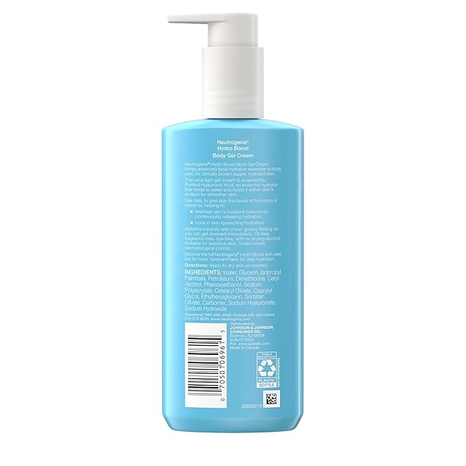 Neutrogena Hydro Boost Body Gel Cream Moisturizer with Hyaluronic Acid, Hydrating Lotion For Sensitive Skin, Fragrance Free, 8.5 oz