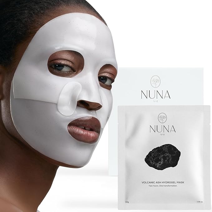 NUNA Volcanic Ash Hydrogel Face Masks with Smile Line Patches – Korean Glass Skin Detox & Deep Hydrating Jelly Mask with Hyaluronic Acid, Ceramides – Overnight Moisturizing + Purifying Care, 7 Sheets