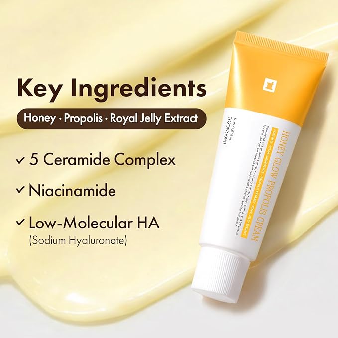TOSOWOONG Honey Glow 47% Propolis Cream, Hydrating Facial Soothing Moisturizer with Bee Venom, Royal Jelly Extract, Vitamin C for Irritated Dry Skin, Glass Skin, Korean Skincare, 50ml / 1.69 fl.oz.