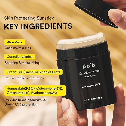 Abib Quick Sunstick Protection Bar SPF50+ 0.77 oz / 22 g (Glowing) | Korean Suncreen Stick Suncare Sunblock, No Whitecast, Protector Solar Barra, Centella Asiatica Extract, Aloe Extract