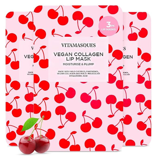 Vitamasques Lip Mask, 3-Pack - Cherry Vegan Collagen Lip Mask Sheets, Repair for Dry & Chapped Lips - Nourishing & Hydrating - Wild Cherries & Hyaluronic Acid - Vegan & Cruelty-Free Korean Skin Care