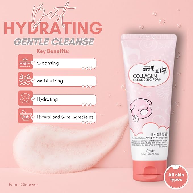esfolio Collagen Cleansing Foam – Hydrating Face Wash for Deep Cleansing&Nourishing Skin – Korean Skincare All Skin Types – Gentle Foaming Facial Cleanser with Centella&Milk Protein (5.29 OZ-150ML)