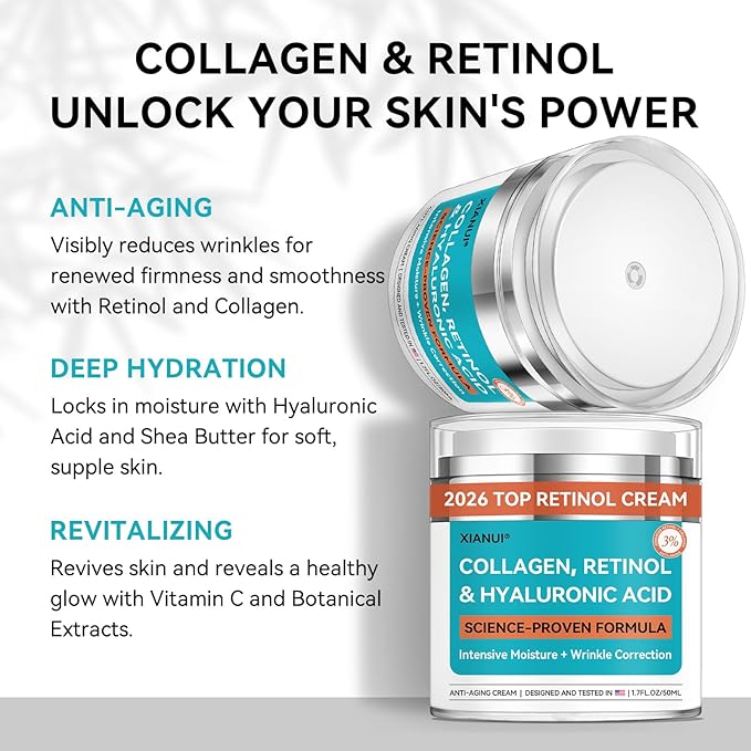 Retinol Face Cream with Collagen & Hyaluronic Acid - Anti Aging & Firming Face Moisturizer for Women & Men - Wrinkle Reduction Night & Day Cream, 1.7 Fl Oz