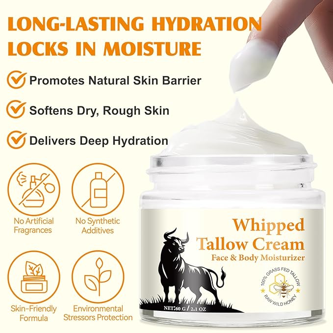 Acorn + Oak Organic Whipped Tallow Moisturizer 2.1oz – Grass Fed Beef Tallow For Skin, Face & Body, Unscented Skin Care for Women Girls