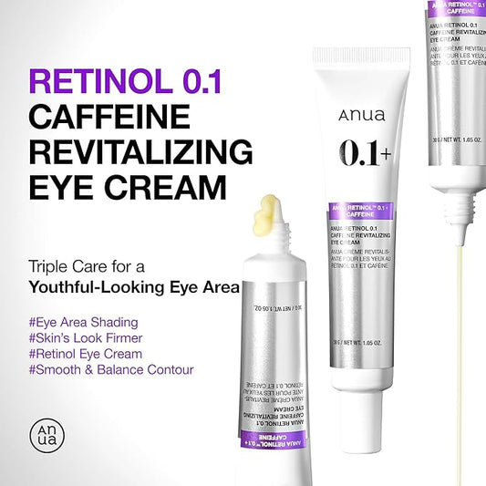 Anua Retinol 0.1 Caffeine Revitalizing Eye Cream, Lightweight Formula for Dark Circles & Puffiness, Hydrating for Sensitive Skin, Korean Skincare,1.05 fl oz