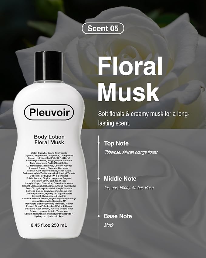 Pleuvoir Luxury Perfume Body Lotion Floral Musk - French MANE Fragrance (Tuberose & Musk), Non-Greasy Fast-Absorbing, Moisturizing with Ceramide, 5-Hyaluronic Acid, Wildflower Scent 8.45 fl.oz