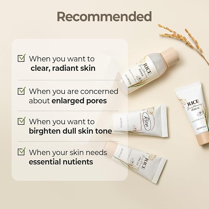 SKINFOOD Rice Starter Kit, Rice Toner, Rice Serum, Rice Moisturizer, and Rice Face Wash for Glass Skin, Korean Skin Care Set, Travel Size Kit, Stocking Stuffers, Gift Set for Women, Skincare Gift Set