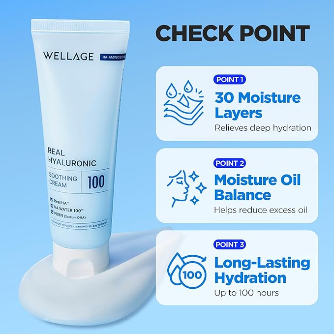 WELLAGE Real Hyaluronic Soothing Cream 100, Pure Hyaluronic Acid Korean Face Moisturizer with PDRN - Hydrating face moisturizer, Hypoallergenic, 2.7oz.