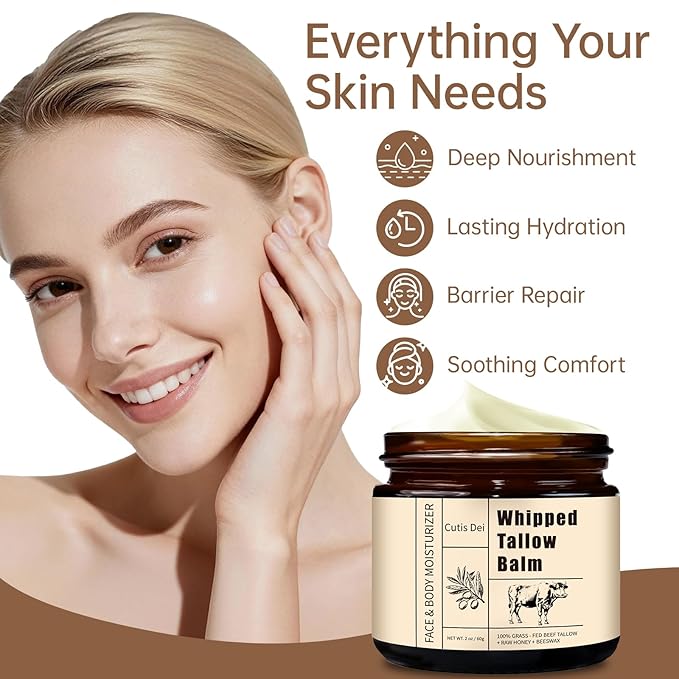 Beef Tallow for Skin, Organic Grass-Fed Beef Tallow Balm for Face & Body, Whipped Tallow and Honey Balm, Deeply Moisturizing for All Skin Types, Natural Formula, Unscent, 2.11 oz