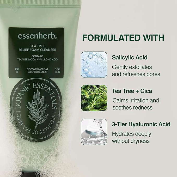 Tea Tree Foam Cleanser - Gentle Face Wash with Creamy Foam Texture & Hyaluronic Acid, BHA for Deep Pore Cleansing, For Oily & Sensitive Skin ,Korean Skin Care(150ml / 5.07 fl.oz)