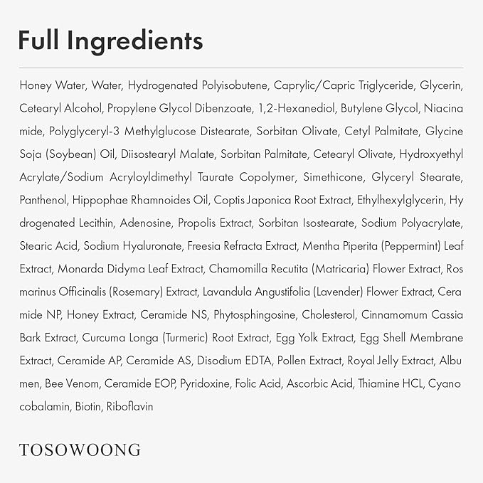 TOSOWOONG Honey Glow 47% Propolis Cream, Hydrating Facial Soothing Moisturizer with Bee Venom, Royal Jelly Extract, Vitamin C for Irritated Dry Skin, Glass Skin, Korean Skincare, 50ml / 1.69 fl.oz.