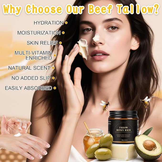 IIIMEIDU Beef Tallow for Skin, Tallow and Honey Balm for Face Moisturizer Balm, 100% Natural Organic Grass-Fed Beef, Honey, Vitamin E Oil for Body & Face (2.1 Oz)