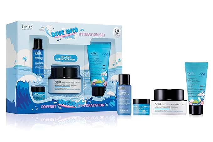 belif Aqua Bomb Dive Into Hydration Set | Korean Skin Care | Travel Essentials | Stocking Stuffer | Value Set | Gift Set for Mom | Gift for Her | Aqua Bomb, Cleansing Gel, Hydrating Toner,Eye Bomb