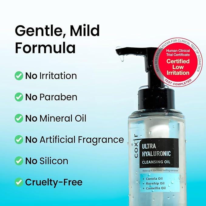 coxir ULTRA HYALURONIC CLEANSING OIL-Hydrating Korean Oil Cleanser for Makeup & Blackheads, Multi-Layer Hyaluronic Acid |Vegan Formula for All Skin Types, Non-Comedogenic Face Cleanser | 5.07 fl oz