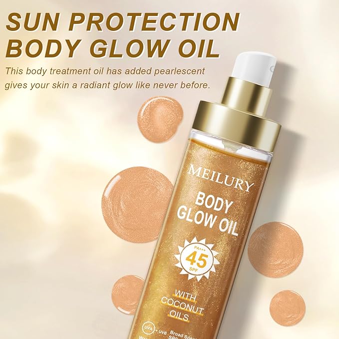 Body Glow Oil, SPF 45 Broad Spectrum, Sunscreen Body Oil with Rose Gold Mica, Moisturizing Coconut, Glow Moisturizer, Lightweight, Water Resistant, 3.72 fl oz(#3 AMBER)