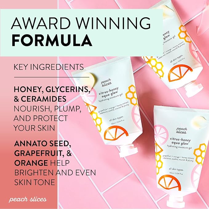 Peach Slices - Citrus-Honey Aqua Glow Moisturizer (3.04 oz) - Hydrating Moisture-Gel - Rebalance, Soothe, & Nourish - Grapefruit, Orange, Honey Extract - Vegan, Cruelty Free, Korean Skin Care & Beauty