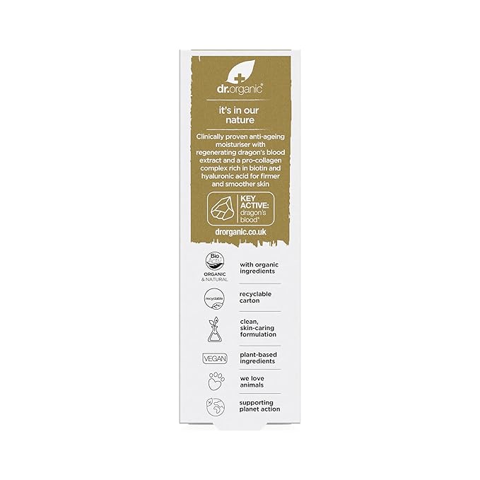 Dr. Organic Pro Collagen Plus + Anti-Ageing Moisturiser with Dragon’s Blood | Reduces Wrinkles, (Dry & Sensitive Skin) Natural, Certified Organic, Paraben & SLS-Free, 50 mL / 1.7 fl oz