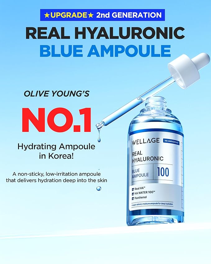 WELLAGE Real Hyaluronic Blue Ampoule 100, Korean Hydrating Serum for Face, Fragrance Free Hyaluronic Acid Deep Moisturizing Serum with Panthenol, PDRN for Sensitive Dry Skin Moisturizer, 2.54 Fl Oz_R