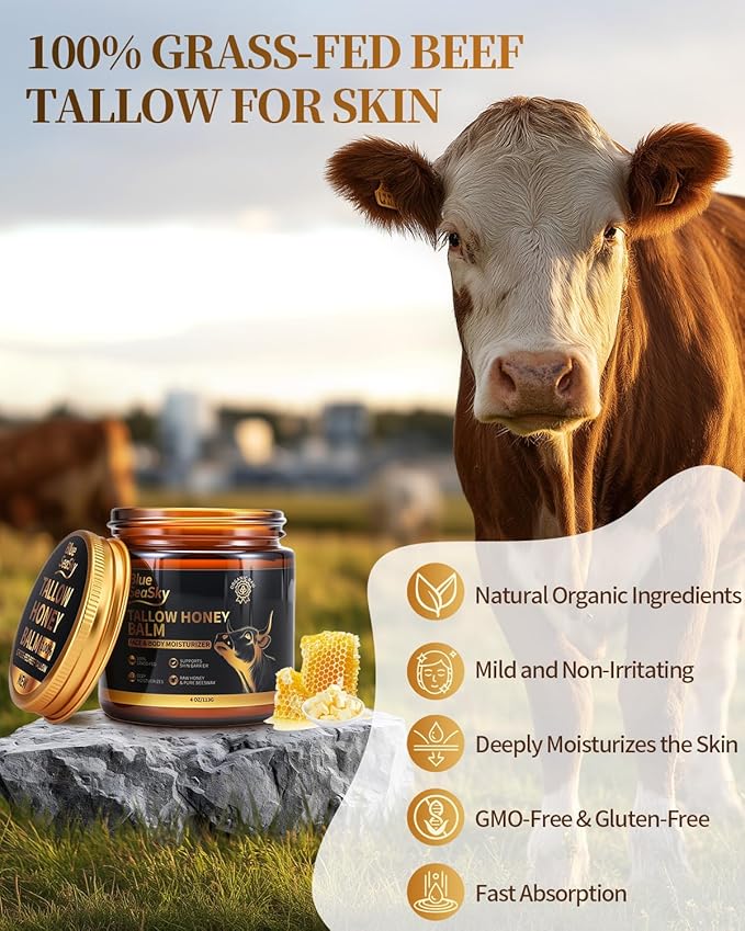 Blue Sea Sky Beef Tallow for Skin Handmade Whipped Beef Tallow for Face Cream Body & Face Moisturizer with Organic Grass-Fed Beef Tallow and Honey Balm Natural Formula for Dry & Sensitive Skin (4/OZ