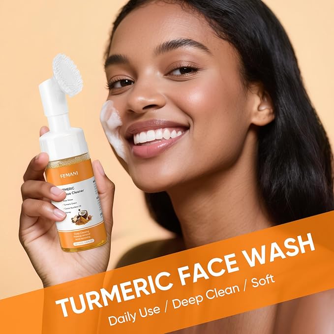 femani Glow Wash Face Wash With Brush, Turmeric Facial Cleanser for Women, Improve Skin Condition Soothing Irritation