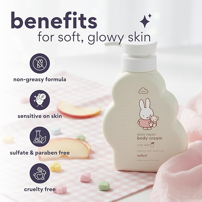 dearcloud Miffy Daily Repair Body Cream – Vitamin E & Hyaluronic acid - Korean Moisturizer & Body Lotion for Dry Skin - Candy Apple (16 fl oz)