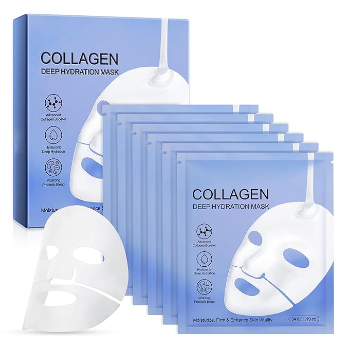 Collagen Face Mask - 6 Pack, Hydrating & Firming Sheet Mask for All Skin Types, Anti-Wrinkle, K-Beauty & Moisturizing Overnight Skincare
