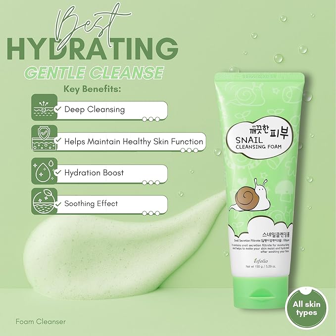 esfolio Snail Cleansing Foam – Nourishing Face Wash for Hydrated & Smooth Skin – Korean Skincare with Snail Extract for Deep Pore Cleansing & Anti-Aging – Gentle Foaming Facial Cleanser (5.29oz-150g)