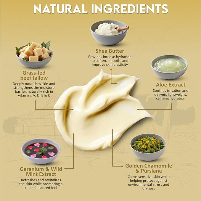 Beef Tallow for Skin, Whipped Beef Tallow Balm for Face & Body with Shea Butter, Grass Fed Beef Tallow for Eczema, Dry Sensitive Skin and Rosacea 4 Oz (Unscented)