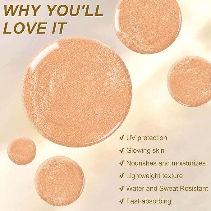 Body Glow Oil, SPF 45 Broad Spectrum, Sunscreen Body Oil with Rose Gold Mica, Moisturizing Coconut, Glow Moisturizer, Lightweight, Water Resistant, 3.72 fl oz(#3 AMBER)