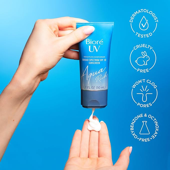 Biore UV Aqua Rich Daily Hydrating Facial Moisturizer with SPF 30 | Oil Free Sunscreen for Sensitive Skin with Hyaluronic Acid, Non-Comedogenic, Dermatologist Tested, 1.7 Oz/3 Pack