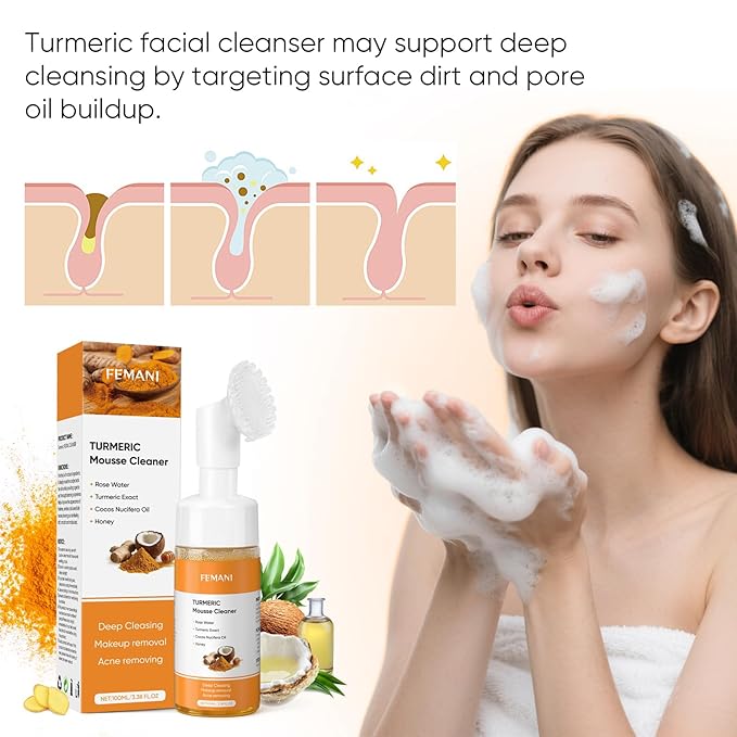 femani Glow Wash Face Wash With Brush, Turmeric Facial Cleanser for Women, Improve Skin Condition Soothing Irritation