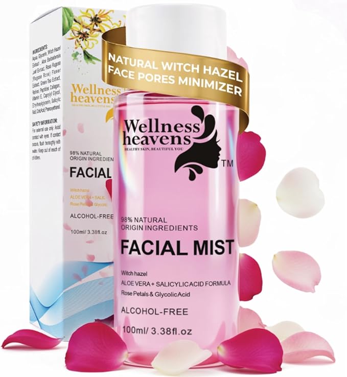 Witch Hazel Toner, Hydrating, Refreshing Face Mist, Rose Water with Salicylic, & Glycolic Acid, Zero Pore Cleanser, Removes Makeup, Dirt, Oil, Fades Dark Spots & Minimizes Pores, Alcohol-Free, 100 ml