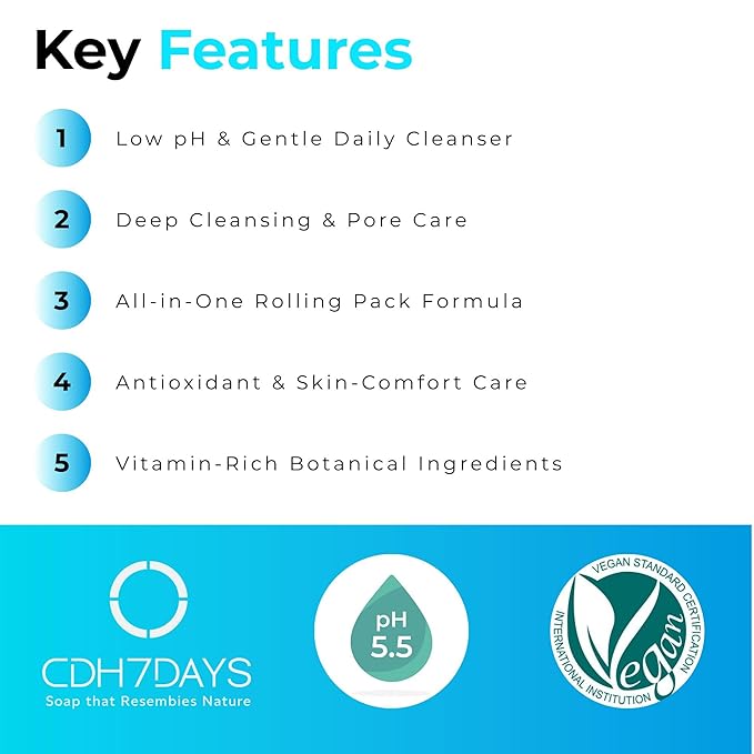 CDH7DAYS Vegan Certified Handmade Low pH Body & Face Soap (pH 5.5–6.6, Made in Korea) K-Beauty All in One Rolling Pack Cream Cleanser, Plant Based, Deep Cleansing & Pore Care, Gentle Daily Cleanser