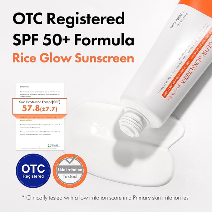 TOSOWOONG Rice Glow Sunscreen, SPF50+ Broad Spectrum Korean Sunscreen for Face, Dewy Finish No White Cast, Glass Skin Hydrating SPF Moisturizer with Rice Water & Hyaluronic Acid, 50ml / 1.69 fl. oz.