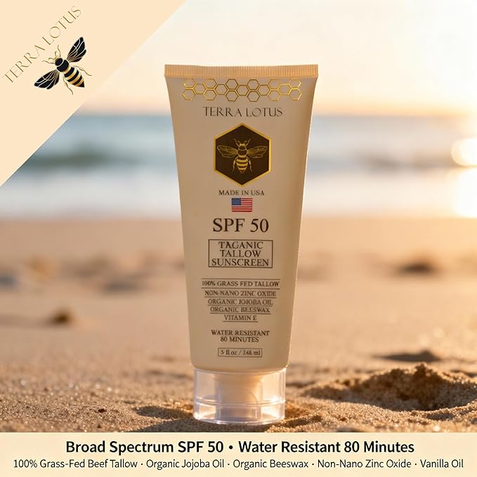 Organic Tallow Sunscreen - 50 SPF - For Face and Body - With 100% Grass-Fed Tallow and Non-Nano Zinc Oxide Reef Safe - (5 Oz)