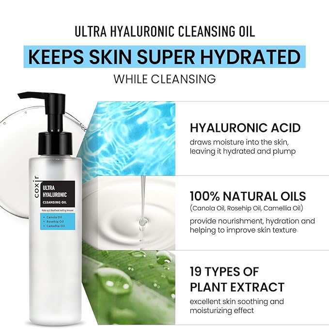 coxir ULTRA HYALURONIC CLEANSING OIL-Hydrating Korean Oil Cleanser for Makeup & Blackheads, Multi-Layer Hyaluronic Acid |Vegan Formula for All Skin Types, Non-Comedogenic Face Cleanser | 5.07 fl oz