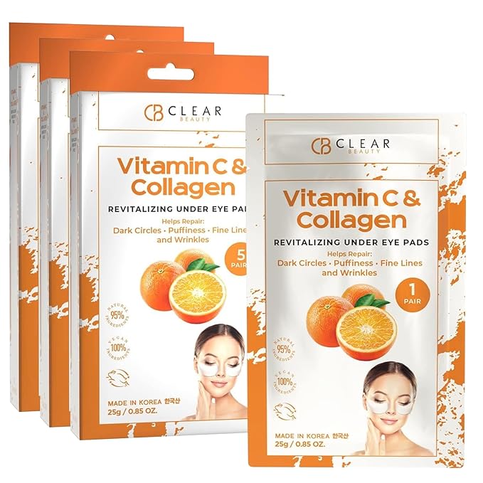 Clear Beauty Vitamin C & Collagen Under Eye Patches – Reduces Dark Circles, Puffiness & Fine Lines – Hydrating & Firming Eye Pads – Dermatologist Tested, Korean Skin Care, Vegan Clean Beauty – 3 Pack