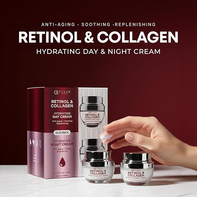 Clear Beauty Retinol & Collagen Face Moisturizer – Anti Aging Day & Night Cream For Firming & Hydration – Reduces Fine Lines & Wrinkles – Dermatologist Tested, Korean Skin Care Set, Vegan – Duo Pack
