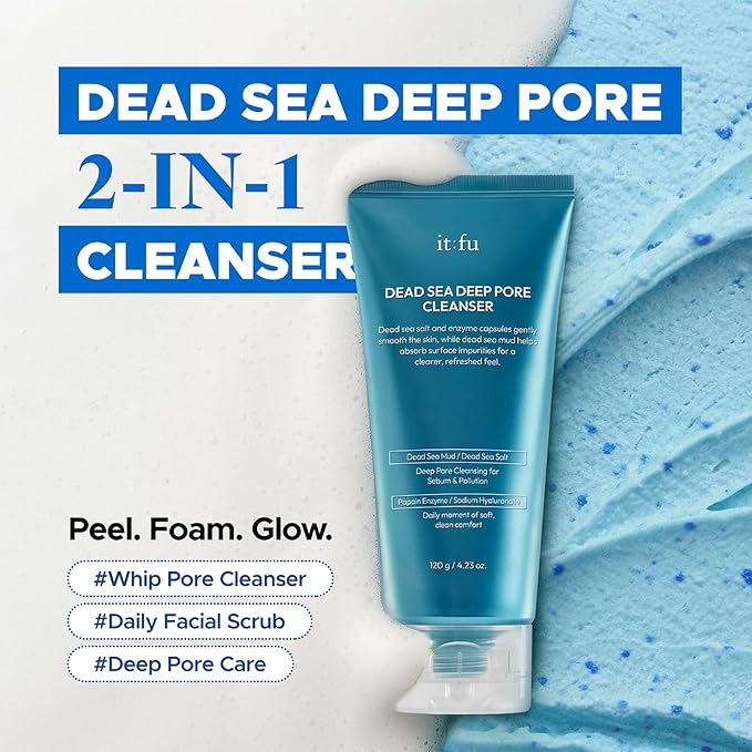 Deep Pore 2-in-1 Exfoliating Cleanser | Korean Hydrating Face Cleanser | Fungal & Hormonal Acne Support | Enzyme & Dead Sea Mud Formula (4.23 fl. oz)