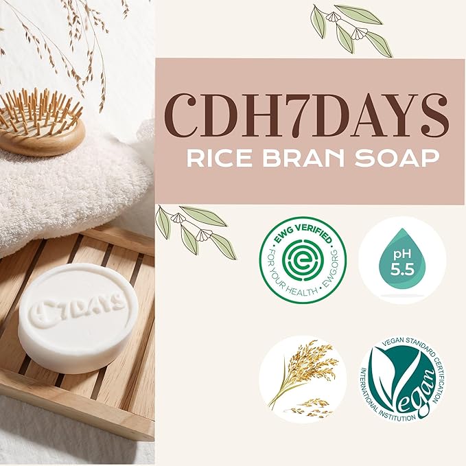 CDH7DAYS Rice Bran Soap Bar for Teens, EWG Verified & Vegan, Low pH 5.5–6.0, Korean Handmade Natural Body Soap, Unscented, Plant-Based Gentle Cleanser, 5oz