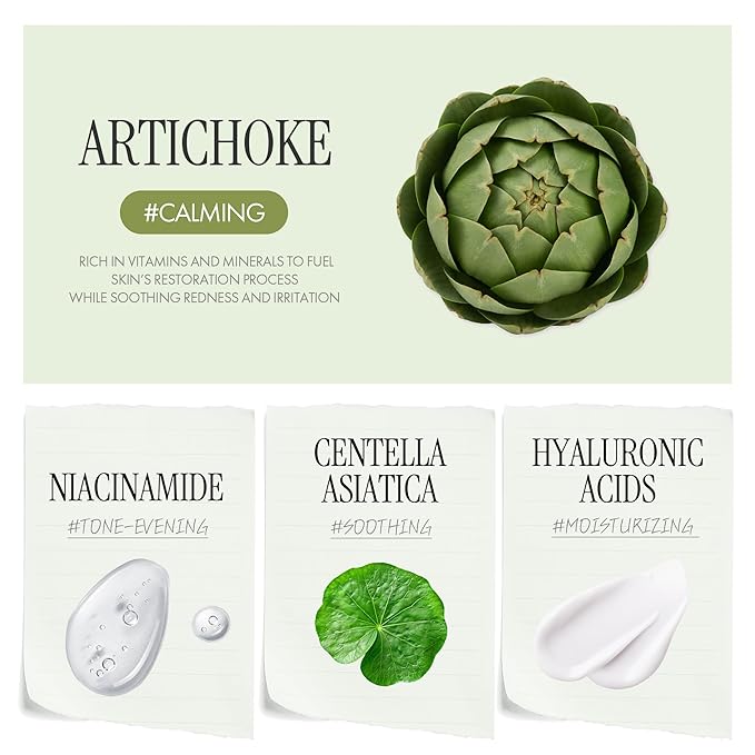 Artichoke Biome Calming Facial Ampoule, Redness-Relief Serum for Sensitive Skin, Soothing Face Hydrator with Artichoke Leaf & Centella Asiatica, Vegan K-Beauty, 1.69 fl oz (50 ml)