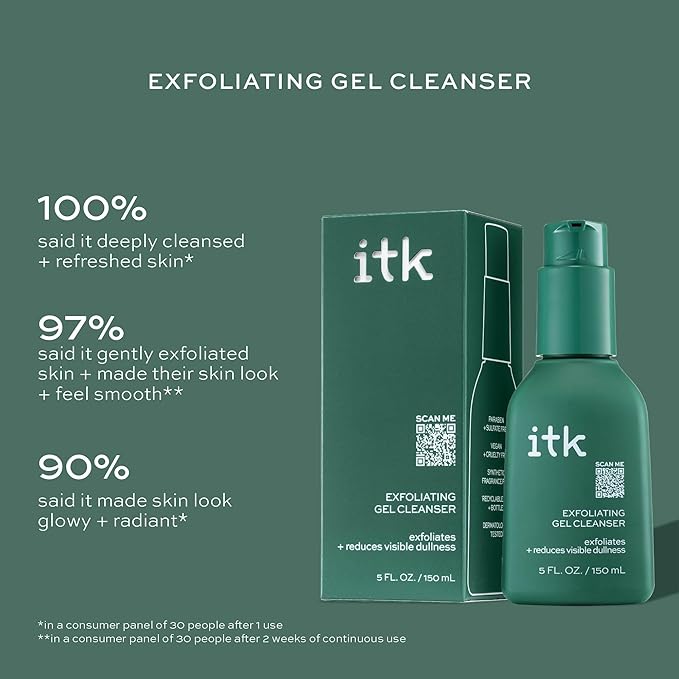 ITK Exfoliating Facial Gel Cleanser - Face Wash to Brighten + Smooth Skin - Dissolves Makeup + Grime Gently- Even-Toned Skin - Glycolic Formula to Brighten Skin, for Normal to Oily Skin, 5 Fl Oz