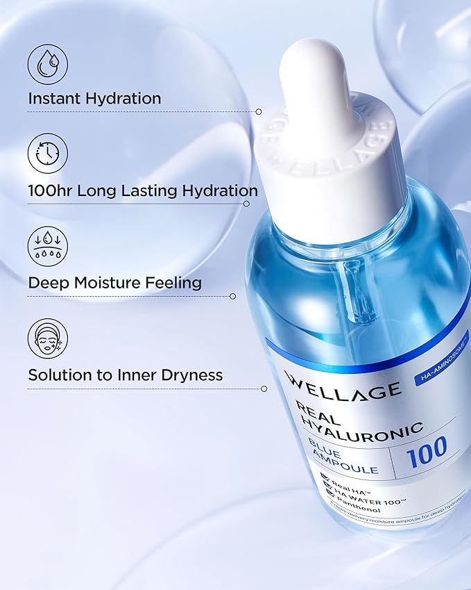 WELLAGE Real Hyaluronic Blue Ampoule 100, Korean Hydrating Serum for Face, Fragrance Free Hyaluronic Acid Deep Moisturizing Serum with Panthenol, PDRN for Sensitive Dry Skin Moisturizer, 2.54 Fl Oz_R