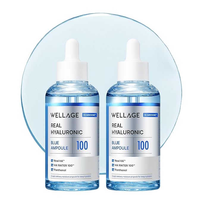 WELLAGE Real Hyaluronic Blue Ampoule 100, Korean Hydrating Serum for Face, Hyaluronic Acid Serum with Panthenol for Sensitive Skin, (3.38Fl.oz + 2.53Fl.oz)