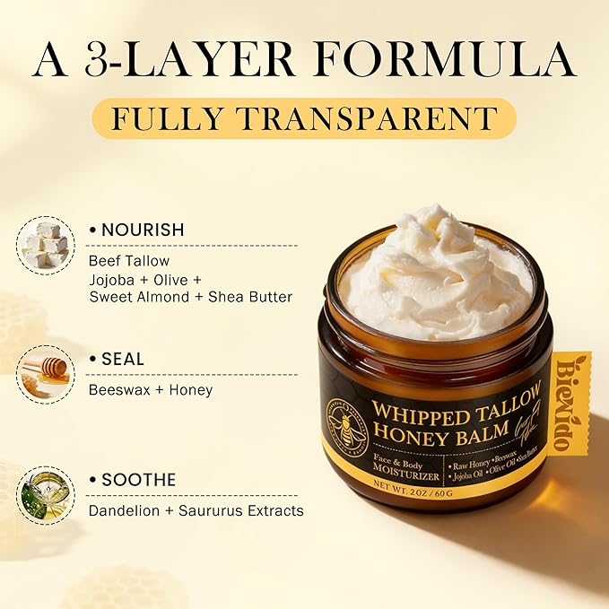 Organic Grass-Fed Tallow Balm for Face: Whipped Beef Tallow Cream with Raw Honey for Sensitive and Dry Skin, Natural Formula for Soothing & Deep Hydration