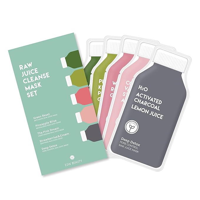 ESW Beauty Raw Juice Face Masks - 5-Pack Skincare Set - Hydrating, Anti-Aging, Moisture Repair, Pore Control, Soothing & Revitalizing with Watermelon, Kale & Charcoal